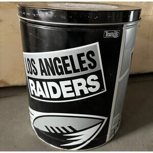 Vintage 1996 Los Angeles Raiders Metal Popcorn Tin Black Silver Large Tin